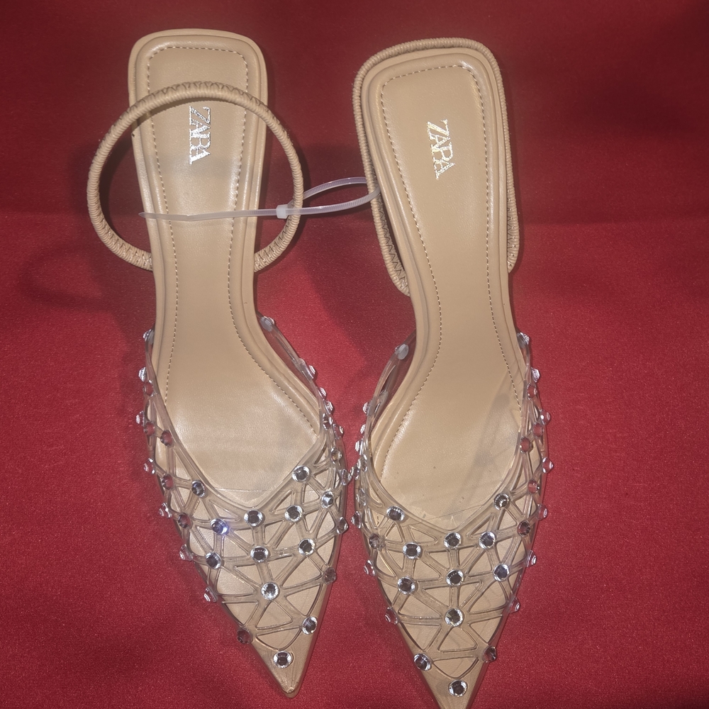 Zara Women's Tan Heels with Silver Accents